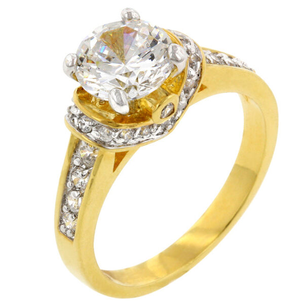 Round cubic zirconia bezel ring in gold tone over lead free alloy (brass) with 2.1 ct total stone weight.