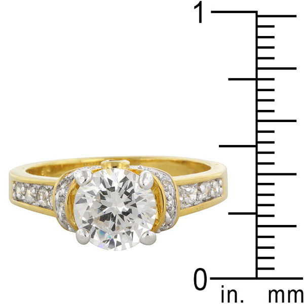 Gold tone over lead free alloy (brass) ring with round 7.5 (mm) cubic zirconia in a bezel setting.