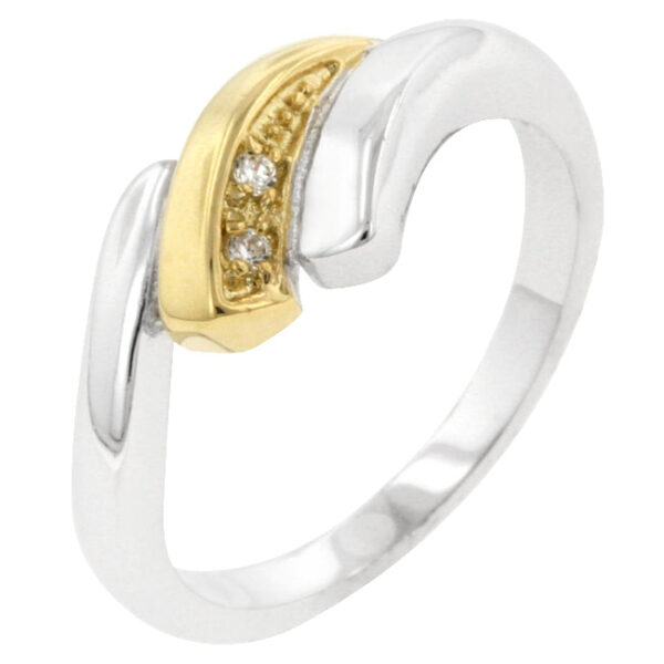 Two-tone swirl ring with round cubic zirconia in prongs and a gold tone finish.