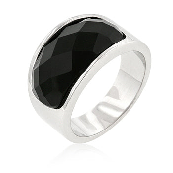 Block cocktail ring with onyx-colored cubic zirconia and rhodium plated over lead free alloy (brass).