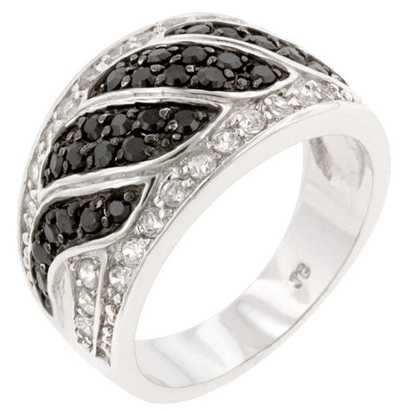 Black and white swirl ring with round pave-set cubic zirconia and a silver tone finish.