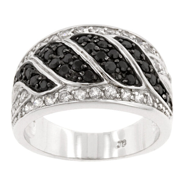 Black and white swirl ring in silver tone, set with round cubic zirconia in pave.