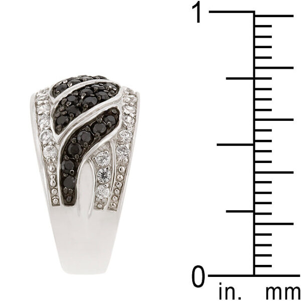 Round cubic zirconia pave ring with black and white swirl detail and a silver tone finish.