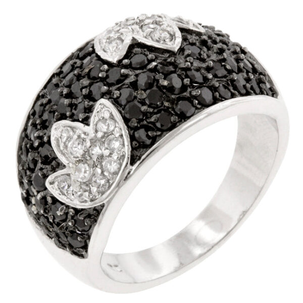 Black and white tulip ring with round cubic zirconia in a Pave setting and silver tone over lead free alloy (brass).
