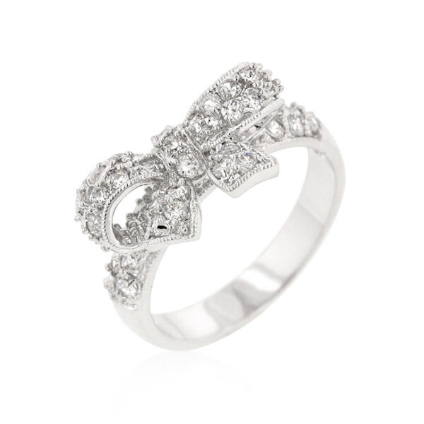 Ribbon shoelace fashion ring with round All Clear cubic zirconia in prongs, rhodium plated over lead free alloy (brass).