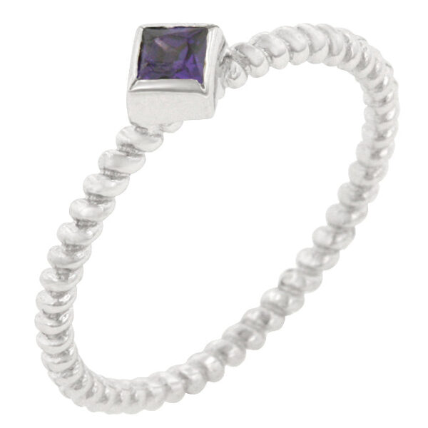 Twisted petite ring with genuine amethyst-colored princess-cut cubic zirconia in a bezel setting, rhodium plated over .925 sterling silver.