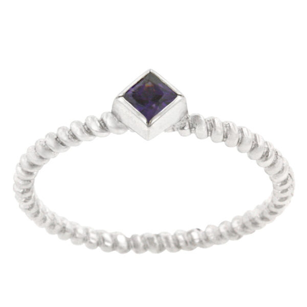 Twisted petite ring with a 2.6 (mm) genuine amethyst-colored princess-cut cubic zirconia, rhodium plated over .925 sterling silver.