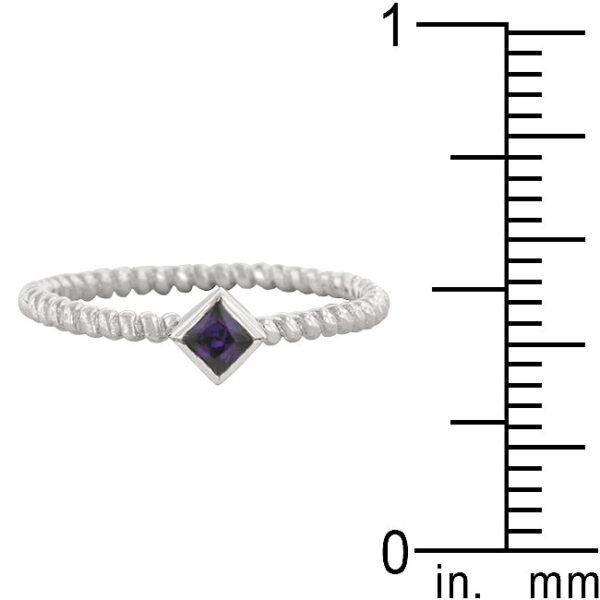 Genuine amethyst-colored princess-cut cubic zirconia bezel ring, rhodium plated over .925 sterling silver, with 0.2 (ct) carat weight.