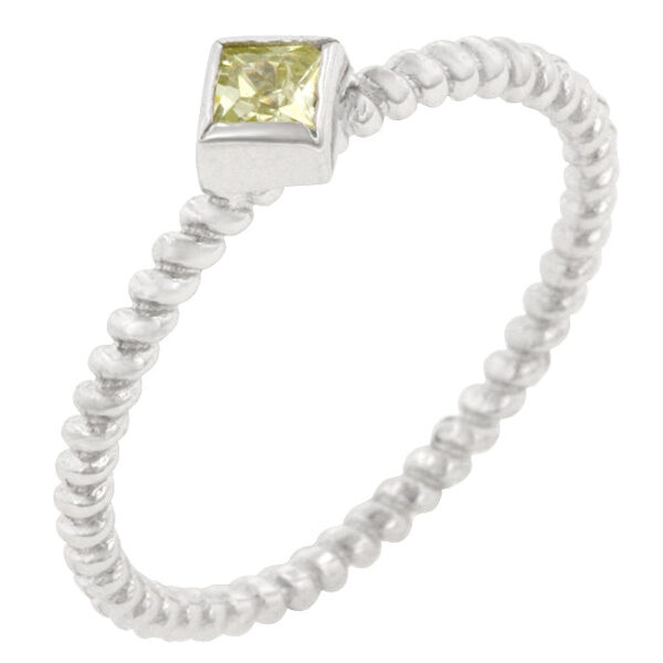 Twisted petite ring with a princess-cut peridot-colored cubic zirconia in a bezel setting, rhodium plated over .925 sterling silver.