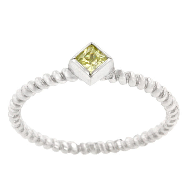 Princess-cut peridot-colored cubic zirconia bezel ring, rhodium plated over .925 sterling silver.