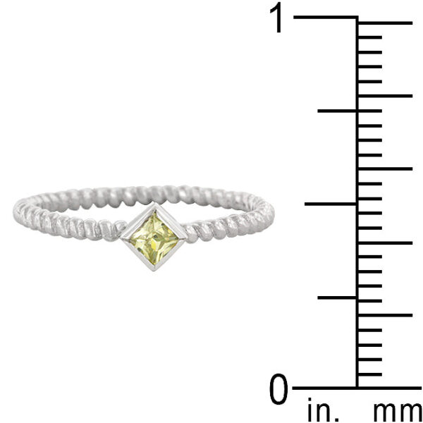 Twisted petite ring with 2.6 (mm) peridot-colored cubic zirconia, rhodium plated over .925 sterling silver.