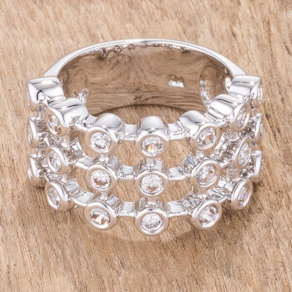 Contemporary tiered cubic zirconia ring, rhodium plated over lead free alloy (brass), with white gold.