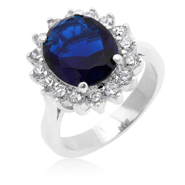 Oval cubic zirconia cable ring in prongs, rhodium plated over lead free alloy (brass), with 6 ct total stone weight.