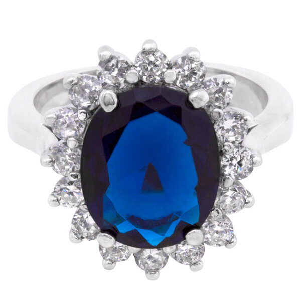 Cable ring with oval cubic zirconia in prongs, 6 ct total stone weight, and a 12 (mm) X 10 (mm) stone size.
