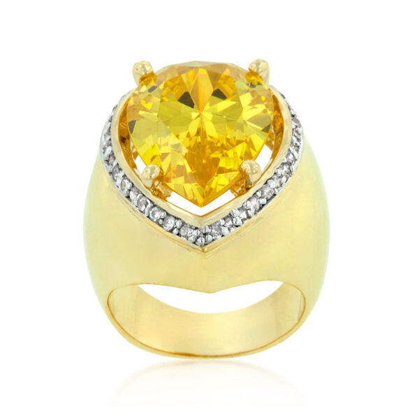 Pear-cut yellow cubic zirconia ring with prong setting and gold tone over lead free alloy (brass).
