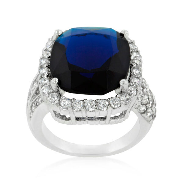 Sapphire-colored cubic zirconia engagement ring held in prongs with a 16 (mm) X 14 (mm) stone size.