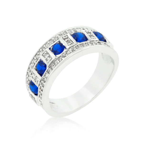 Blue and clear encrusted ring with round genuine cubic zirconia in bar settings, rhodium plated over lead free alloy (brass).