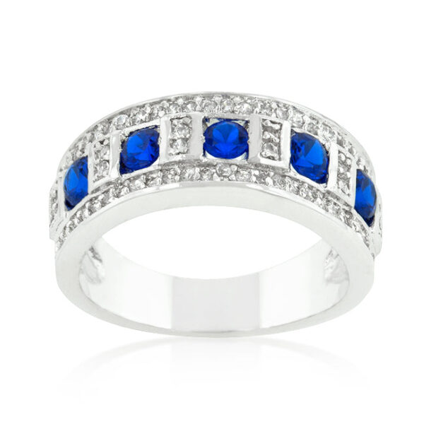 Blue and clear encrusted ring with 3 Mm round genuine cubic zirconia in bar settings and 1.1 ct total carat weight.
