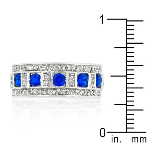 Round genuine cubic zirconia ring with blue and clear encrusted detail, 5 (mm) wide and rhodium plated over lead free alloy (brass).