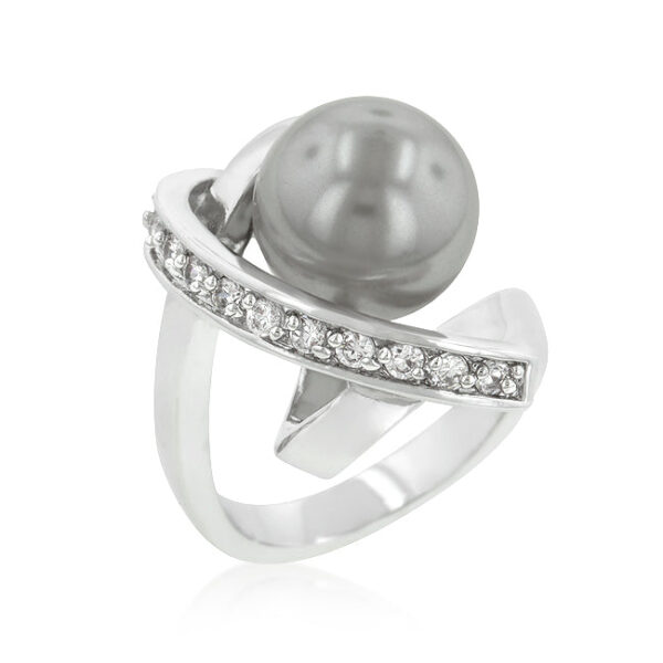Knotted simulated pearl ring in rhodium plated over lead free alloy (brass), with round 2 (mm) simulated pearls in prong settings.