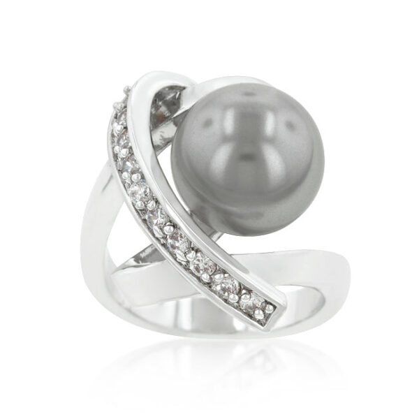 Rhodium plated over lead free alloy (brass) knotted ring with round 2 (mm) simulated pearls in prong settings.