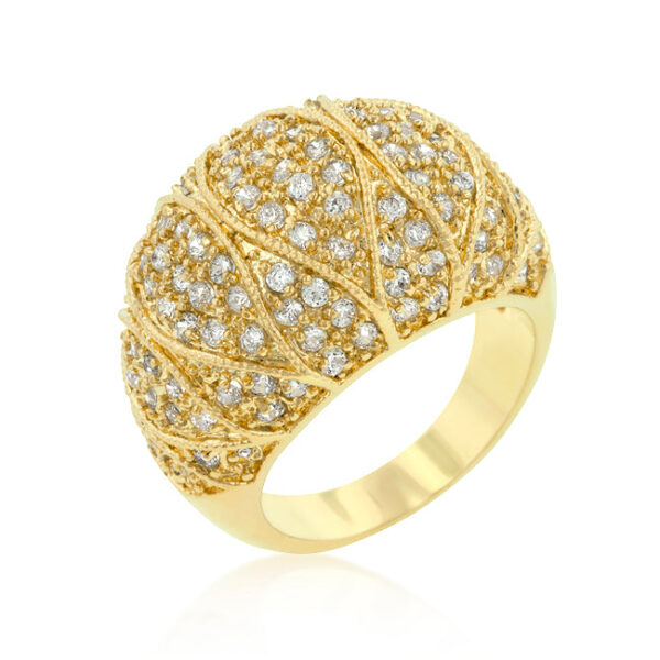 Clear round cubic zirconia pave set cocktail ring in gold tone finish over lead free alloy (brass).