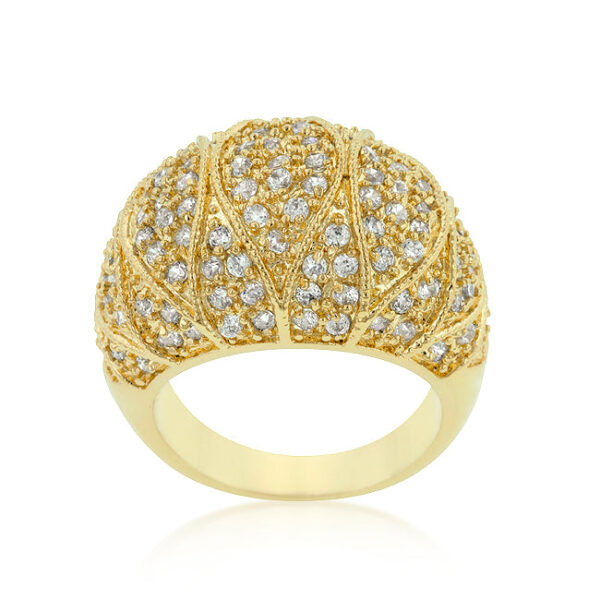 Round 1.3 Mm clear cubic zirconia in a pave set ring with gold tone finish over lead free alloy (brass).
