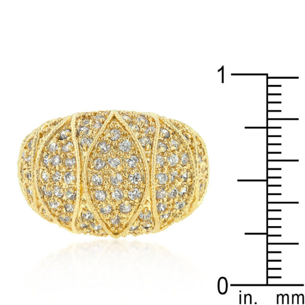 Clear cubic zirconia cocktail ring, 4 Mm wide, in gold tone finish over lead free alloy (brass).