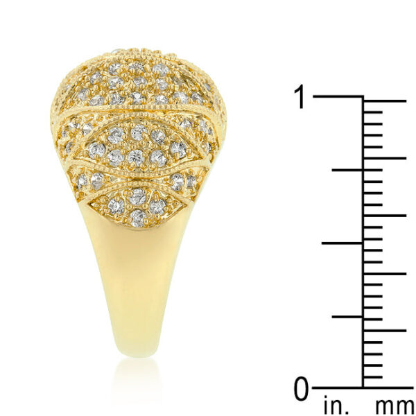 Pave set clear round cubic zirconia ring with 1.21 ct total stone weight and gold tone finish over lead free alloy (brass).