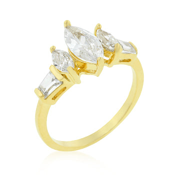 Marquise triplet ring with 9 (mm) X 5 (mm) cubic zirconia, gold tone finish over lead free alloy (brass).