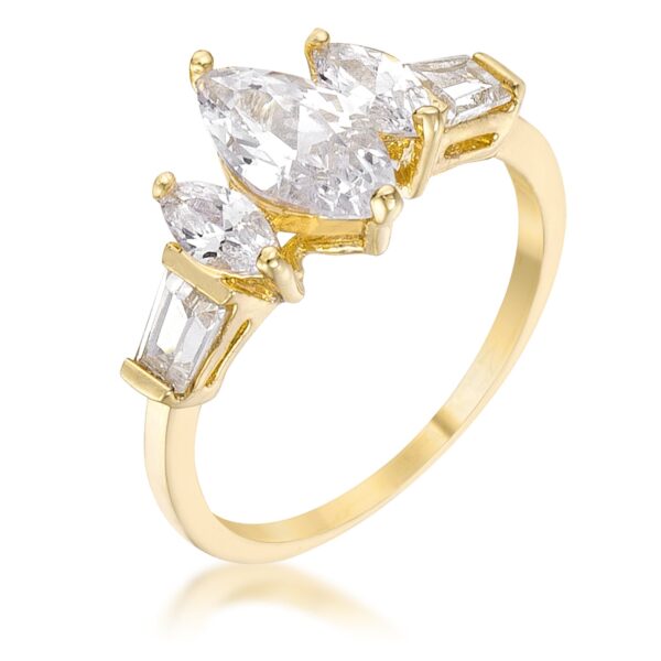 The ring with cubic zirconia in prongs, gold tone finish over lead free alloy (brass), 2.5 ct total stone weight.