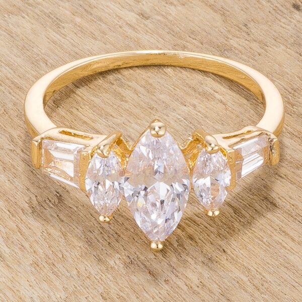 Marquise-cut cubic zirconia ring in prong settings with gold tone finish over lead free alloy (brass).