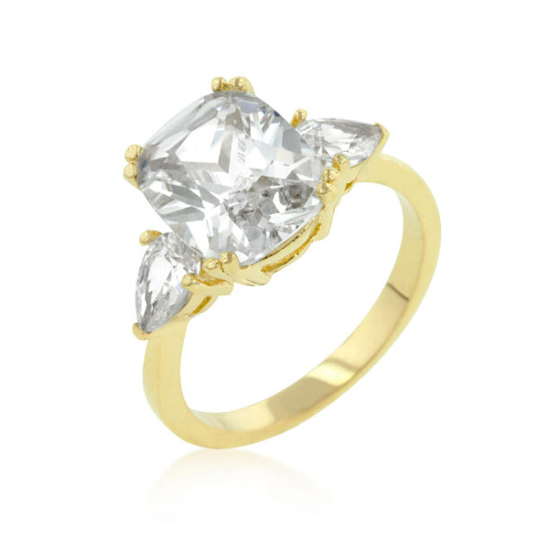 Blue radiant-cut cubic zirconia engagement ring in gold tone finish over lead free alloy (brass).