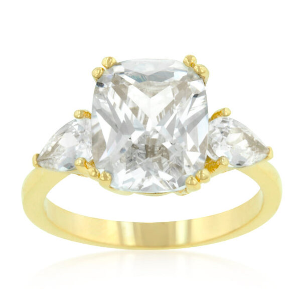 Radiant-cut blue cubic zirconia ring with gold tone finish over lead free alloy (brass).