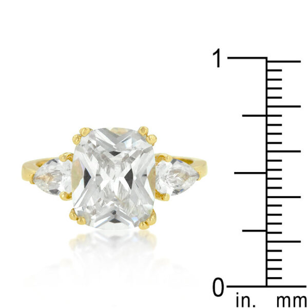 Blue cubic zirconia engagement ring in gold tone finish over lead free alloy (brass), with a prong setting.