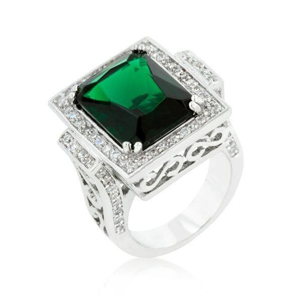 Emerald-colored cushion-cut cubic zirconia cocktail ring in prongs, rhodium plated over lead free alloy (brass).