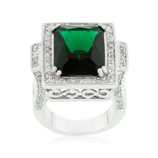 Green cushion-cut cubic zirconia cocktail ring with 8 ct total stone weight and rhodium plated over lead free alloy (brass).