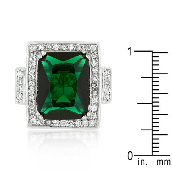 Emerald-colored cubic zirconia ring in a prong setting, rhodium plated over lead free alloy (brass), 4 Mm wide.