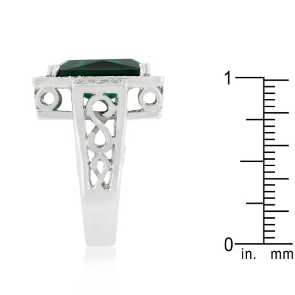 Cushion-cut emerald-colored cubic zirconia cocktail ring, rhodium plated over lead free alloy (brass).