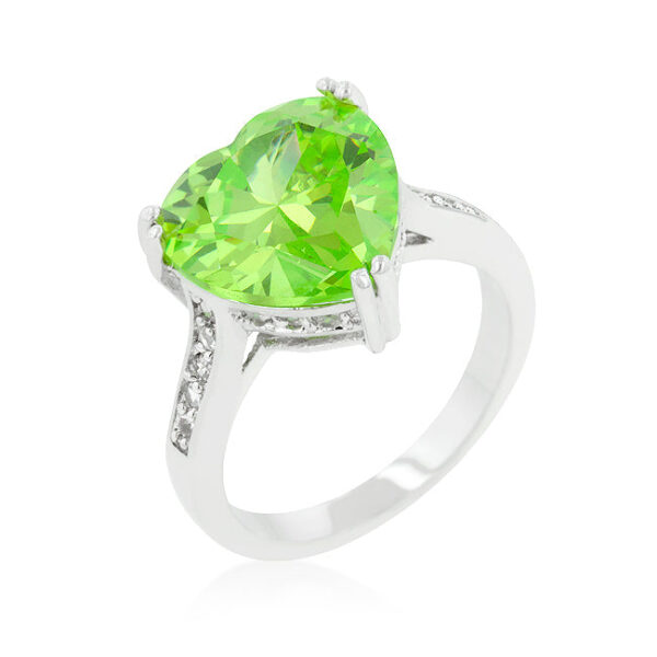 The ring with heart-cut cubic zirconia in prongs, rhodium plated over lead free alloy (brass).