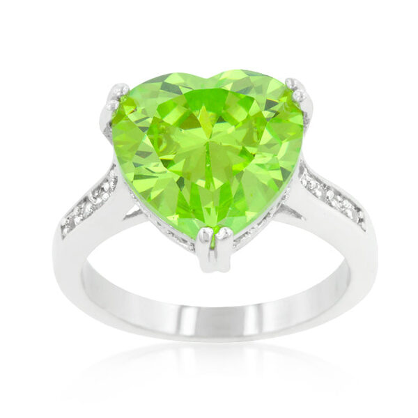 Green heart-cut cubic zirconia ring in prongs, rhodium plated over lead free alloy (brass).