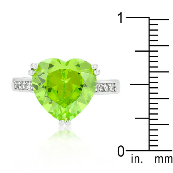 Apple green heart design ring with cubic zirconia and prongs, rhodium plated over lead free alloy (brass).