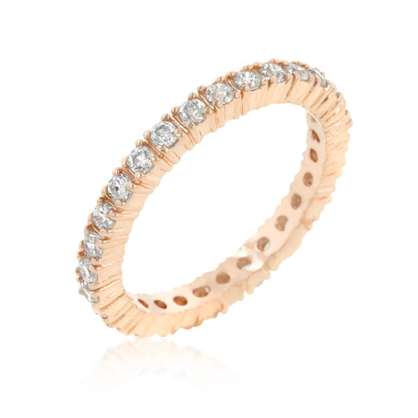 18K rosegold plated over lead free alloy (brass) eternity band with clear round 2 (mm) cubic zirconia in prongs.