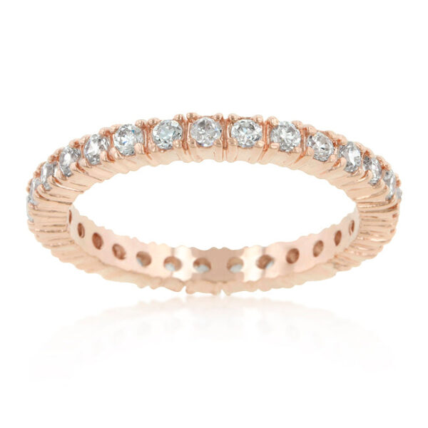 Clear round cubic zirconia eternity band in prong settings with 2.5 ct total carat weight.