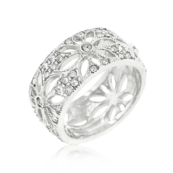 Floral filigree eternity band with round 1.5 (mm) crystals in pave settings, rhodium plated over lead free alloy (brass).