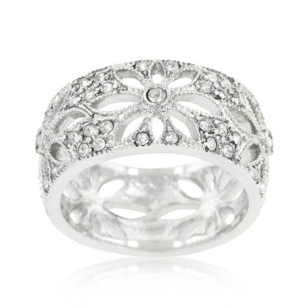 Floral filigree crystal eternity band, 10 (mm) wide, rhodium plated over lead free alloy (brass).