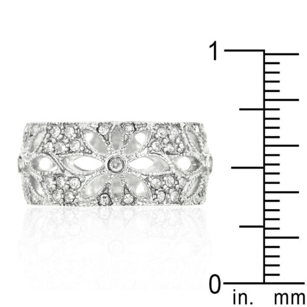 Round 1.5 (mm) crystals in pave settings on a rhodium plated over lead free alloy (brass) floral filigree band.