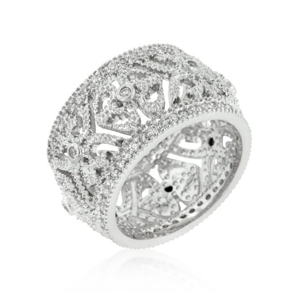 Filigree crest eternity ring with round cubic zirconia in prongs and rhodium plated over lead free alloy (brass).