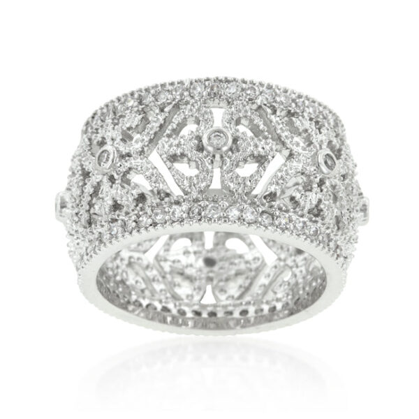 Round cubic zirconia prong eternity ring, rhodium plated over lead free alloy (brass), with 0.88 ct total stone weight.