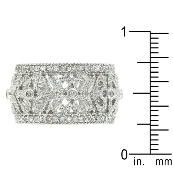 Filigree crest ring with 1.3 Mm round cubic zirconia in prongs and rhodium plated over lead free alloy (brass).
